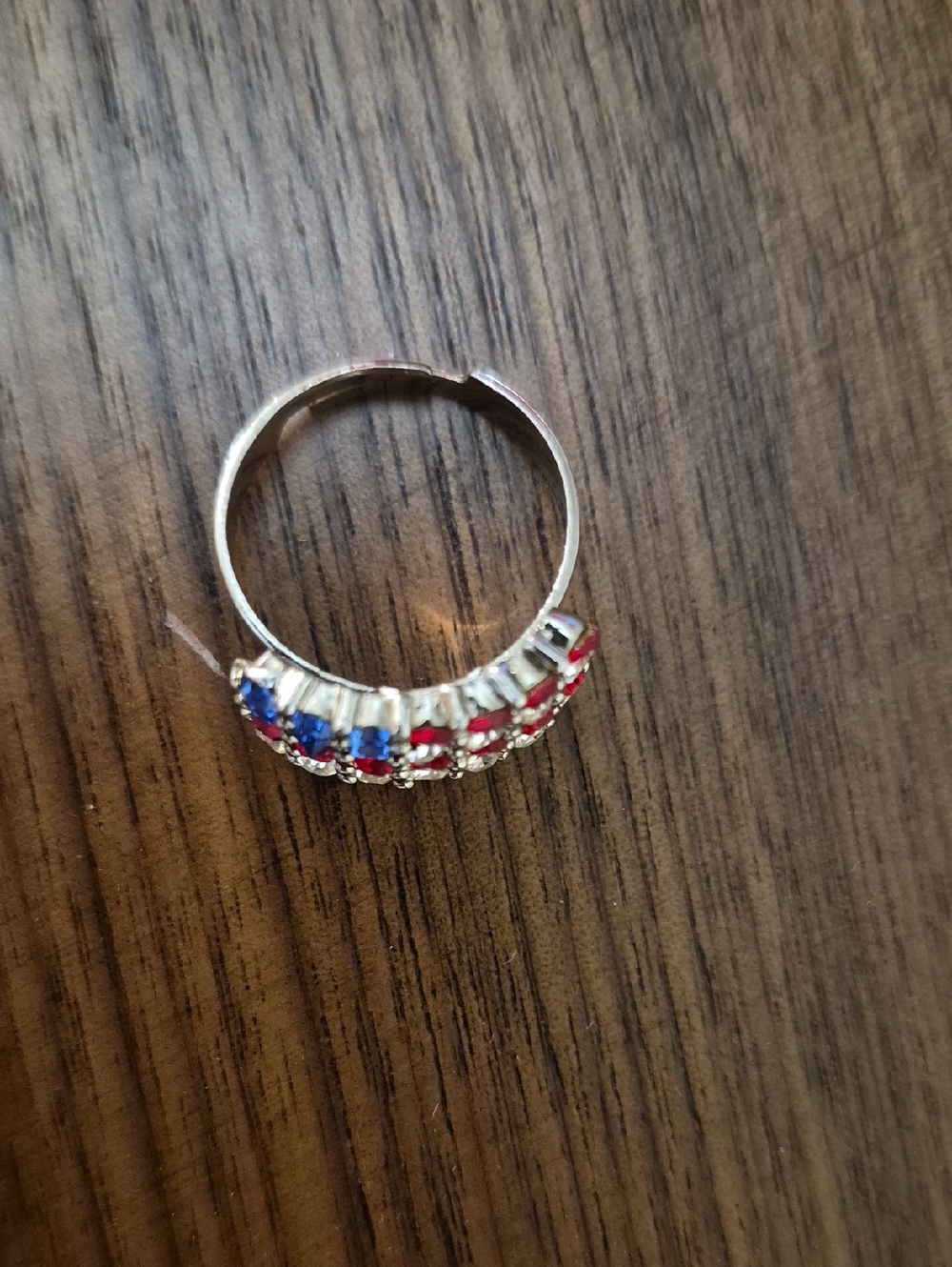 Silver-Tone Ring with Blue and Red Crystal Row